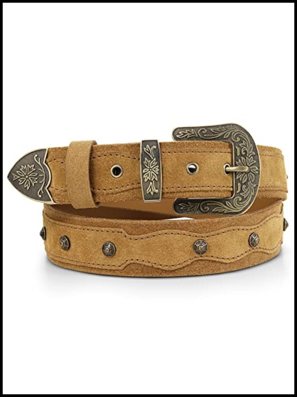 Classic Western Full-Grain Leather Belt for Men with Embossed Buckle, Adjustable